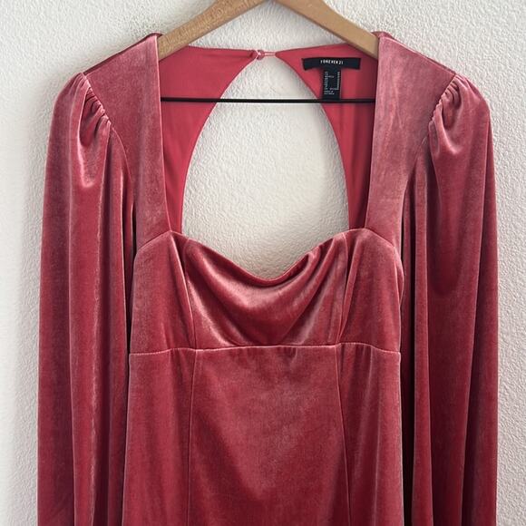 Forever 21 Long Sleeve Babydoll Pink Velour Mini Dress Squared Neckline M - Picture 4 of 6